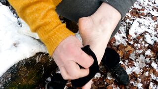 Hard naked pussy spanking in winter wonderland