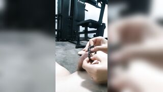 Rough femdom urethral sounding of slave cock in the gym with 12 inch dilators, handjob, huge cumshot