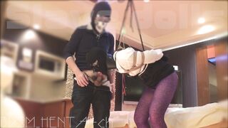 A female slave hung with an anal hook and a crotch rope... sucking a cock... thrusting into a pussy. Continue at the fan