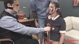 Doll girl gets face fucked, ass fucked, and fed ass and cum