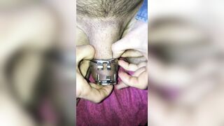 putting my dick in flat chastity cage with urethral plug