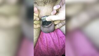 putting my dick in flat chastity cage with urethral plug