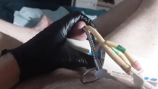 Paingasm with catheter and beaded electro sounding with magic wand vibrator