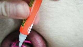 Humiliation of my small penis. Superglue tiny chastity. Permanent risk