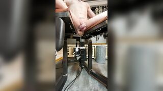 Gay slave in chastity is tied up and machine fucked