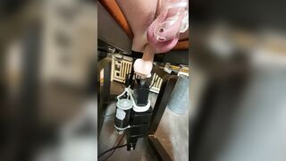 Gay slave in chastity is tied up and machine fucked
