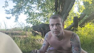 Caught naked and vulnerable by a public lake. Kayaker passing while experimenting self bondage