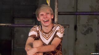 Blonde skinny twink tied up and waxed by his dominant master