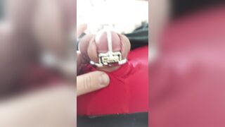 Cumming in tight permanent ball squeezing chastity