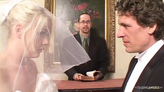 Blindfolded bride gets surprised by two hard cocks at once