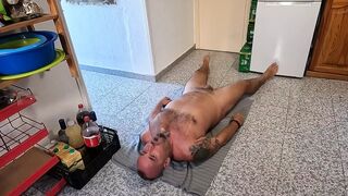 Husband Lying on His Back Drinking Piss & Cum Through a Funnel