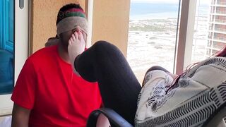 Worshiping mature lady feet while neighbors watch on balcony